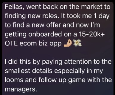 Member win: Went back on the market, took 1 day to find a new offer, 15-20k OTE ecom