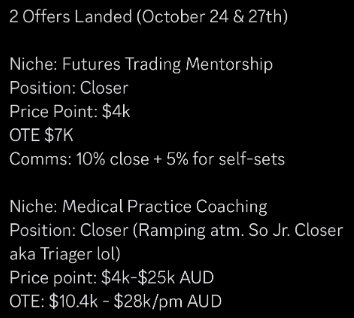 Member win: 2 Offers Landed in October, Futures Trading Mentorship and Medical Practice Coaching