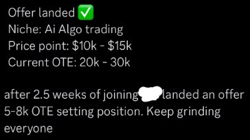 Member win: Offer landed, Marketing Agency niche, $1m+/mo, $10/25/50k tickets, $15-30k OTE